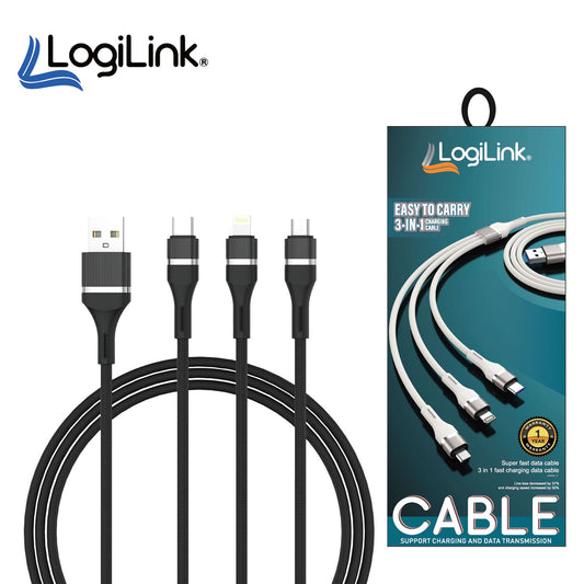 LOGILINK 3IN1 USB TO MICRO/TYPE C/IPHONE NYLON DAT